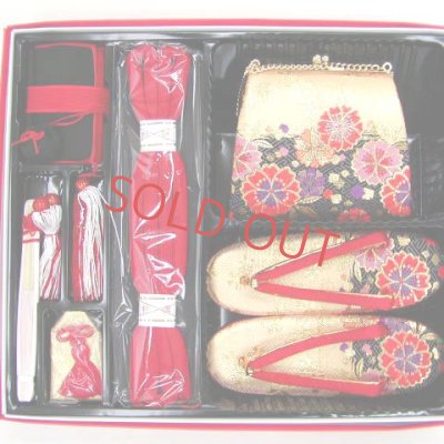 画像4: 七五三 7歳女の子用段織りの結び帯(大寸)と箱セコペアセット【金黒、桜】