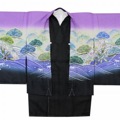 画像4: 七五三 3歳男の子 花うさぎブランドの着物(合繊)と縞袴セット【藤紫 鷹と片輪車】