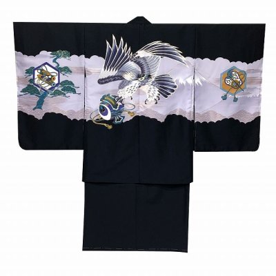 画像2: 七五三 男の子 着物 5歳 着物 羽織 アンサンブル 合繊【黒 鷹に富士と松】