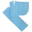 画像2: 二部式着物 洗える着物 袷 小紋柄の着物 フリーサイズ【水色、縦縞】 (2)