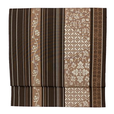 画像2: 軽装帯 お太鼓結びの付け帯 合繊【茶系、線に華様紋】