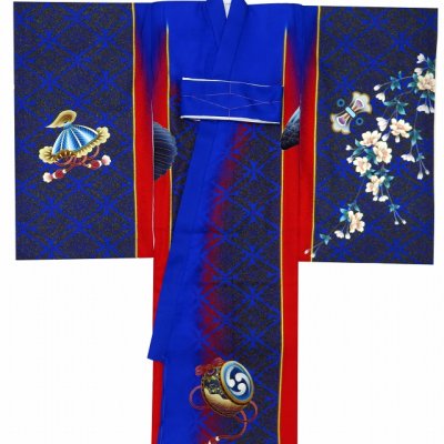 画像2: お宮参りの着物 初着 産着 男の子用 斬新な色柄のお祝い着(正絹)【群青ｘ赤、鷹と兜・宝】