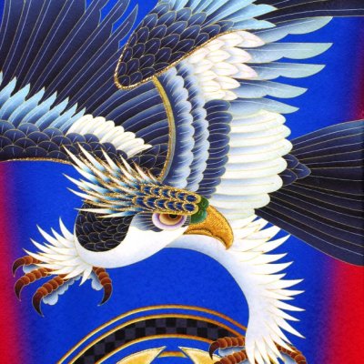 画像3: お宮参りの着物 初着 産着 男の子用 斬新な色柄のお祝い着(正絹)【群青ｘ赤、鷹と兜・宝】