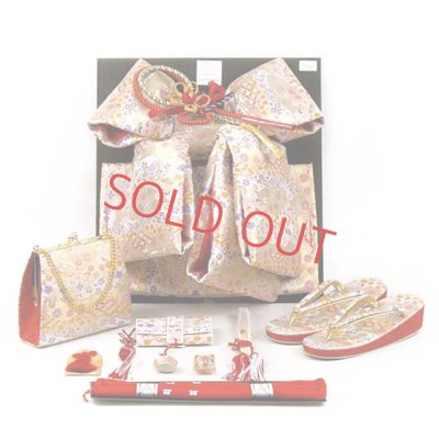 画像6: 七五三 着物 7歳 女の子 フルセット 絵羽柄の子供着物(合繊)と結び帯・はこせこコーディネートセット【藤色、ねじり梅と鞠・桜】