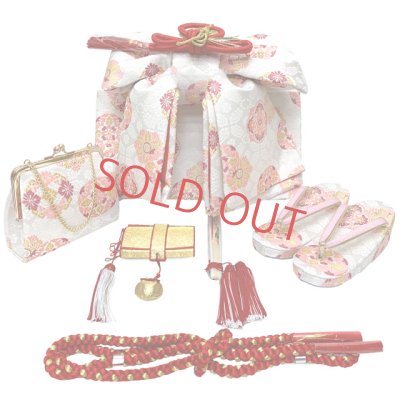 画像6: 七五三 着物 フルセット 7歳 女の子用 絵羽柄の子供着物 結び帯セット(合繊)【藤色、ねじり梅と鞠・桜】