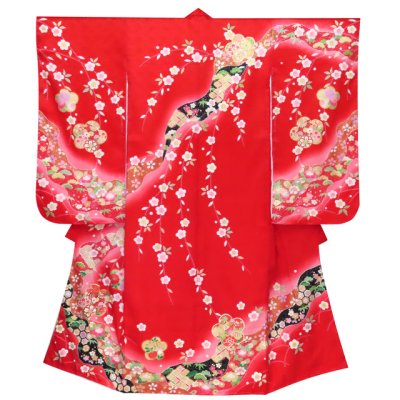 画像2: 七五三 着物 7歳 女の子 フルセット 正絹 日本製 絵羽柄の子供着物 結び帯セット【赤、梅に鈴】