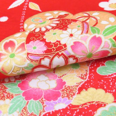 画像5: 七五三 着物 7歳 女の子 フルセット 正絹 日本製 絵羽柄の子供着物 結び帯セット【赤、梅に鈴】