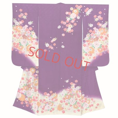 画像2: 七五三 着物 7歳 セット 正絹 日本製 絵羽柄の子供着物 結び帯コーディネートセット【紫、桜に鼓】