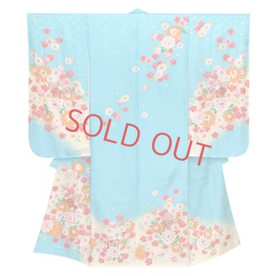 画像2: 七五三 着物 7歳 女の子 フルセット 正絹 日本製 絵羽柄の子供着物 結び帯セット【水色、桜に鼓】