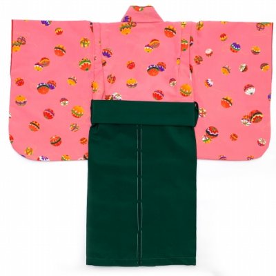 画像2: 赤ちゃんの着物 初節句 お誕生日に 1歳女児用 袴ワンピース【着物：ピンク、鞠 袴：モスグリーン】