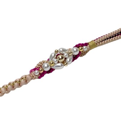 画像2: 帯締め 振袖用 手組 パールビーズ飾り帯〆(正絹) 成人式 十三参りに【スキンベージュｘ赤紫】