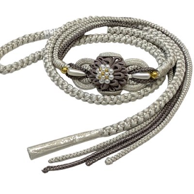 画像5: 振袖用 正絹 帯揚げ 帯締めセット本絞りの帯揚げ 摘み花飾りの振袖用帯〆 セット【グレー】