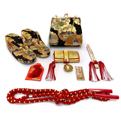 画像2: 七五三 7歳 女の子用 大寸 結び帯 はこせこセット ペアセット(合繊)【黒地、七宝に梅と桜】