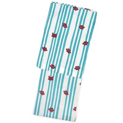 画像2: 洗える着物 小紋 袷 コーディネートセット レディース着物と半幅帯作り帯セット 袷 Mサイズ【生成り系×青緑、猫にストライプ 】