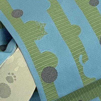 画像7: 洗える着物 小紋 袷 コーディネートセット レディース着物と半幅帯作り帯セット 袷 Mサイズ【生成り系×青緑、猫にストライプ 】