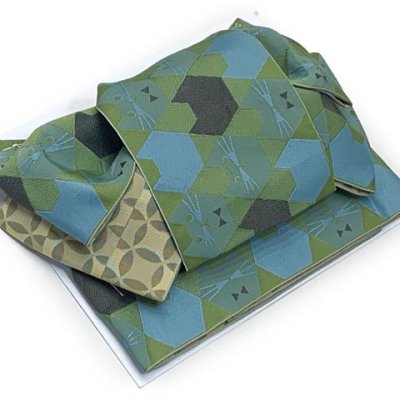 画像6: 洗える着物 小紋 袷 コーディネートセット レディース着物と半幅帯作り帯セット 袷 Mサイズ【カーキ系、市松に笹の葉】