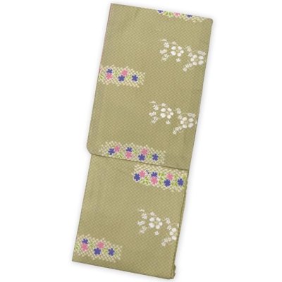 画像2: 洗える着物 小紋 袷 コーディネートセット レディース着物と半幅帯作り帯セット 袷 Mサイズ【カーキ系、花柄】