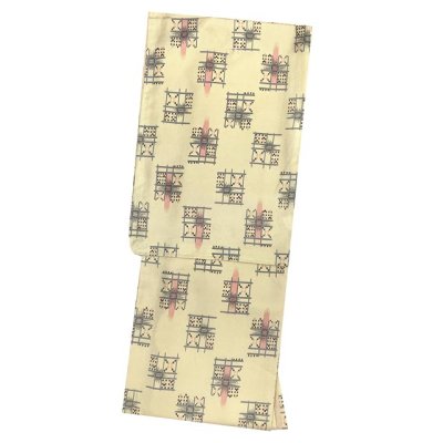 画像2: 洗える着物 小紋 袷 コーディネートセット レディース着物と半幅帯作り帯セット 袷 Mサイズ【イエローベージュ系、幾何学柄】