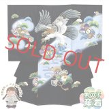 お宮参り 男の子 着物 正絹 金駒刺繍 赤ちゃんのお祝い着(初着 産着) 襦袢付き【黒地、鷹】