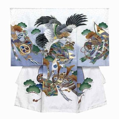 画像2: お宮参り 着物 男の子 赤ちゃんのお祝い着 熨斗目 刺繍入り 産着 初着 正絹【白地、鷹】