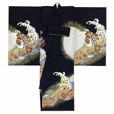 画像3: お宮参り 着物 男の子 赤ちゃんのお祝い着 熨斗目 金彩加工 産着 初着 正絹【黒地、兜と扇・小槌】