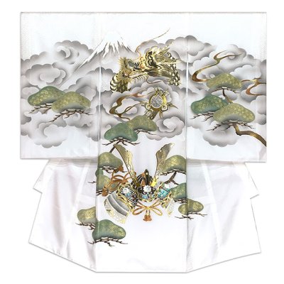 画像2: お宮参り 着物 男の子 正絹 日本製 赤ちゃんのお祝い着 盛金・金彩加工 産着 初着【白地、龍に富士・兜】