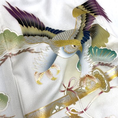 画像5: 2025年の干支 巳年特別仕様 お宮参り 着物 男の子 赤ちゃんのお祝い着 金彩加工 京友禅 産着 初着 正絹 日本製【白、鷹と富士山】