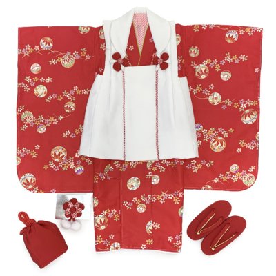 画像4: 七五三 着物 3歳 女の子 被布コートセット（合繊）シンプル 古典柄【紅白、鞠】