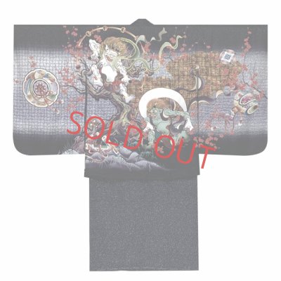 画像2: 七五三 着物 5歳 男の子 正絹 刺繍入り 羽織 着物 アンサンブル【黒地、風神雷神】