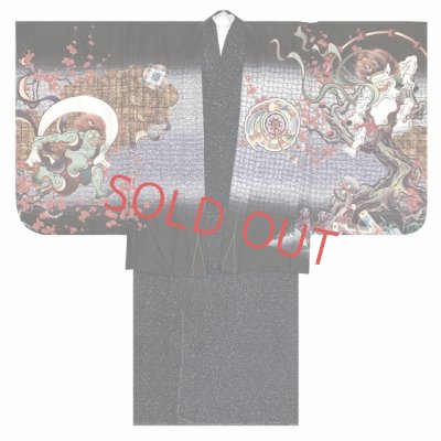 画像3: 七五三 着物 5歳 男の子 正絹 刺繍入り 羽織 着物 アンサンブル【黒地、風神雷神】