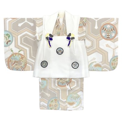 画像2: 初節句に 男の子 赤ちゃん用 ベビー被布と二部式着物 セット(合繊)【白ｘベージュ、毘沙門亀甲】