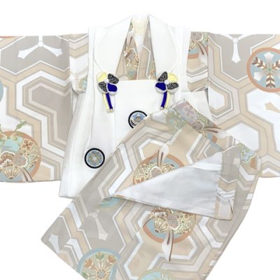 画像4: 初節句に 男の子 赤ちゃん用 ベビー被布と二部式着物 セット(合繊)【白ｘベージュ、毘沙門亀甲】