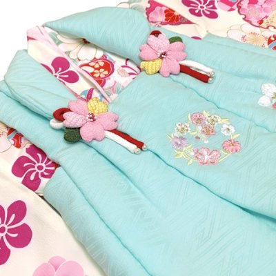画像3: ベビー 初節句 着物 女の子 赤ちゃん用 被布コート 二部式着物 セット(合繊)【水色ｘクリーム、雪輪と市松】