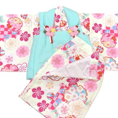 画像4: ベビー 初節句 着物 女の子 赤ちゃん用 被布コート 二部式着物 セット(合繊)【水色ｘクリーム、雪輪と市松】