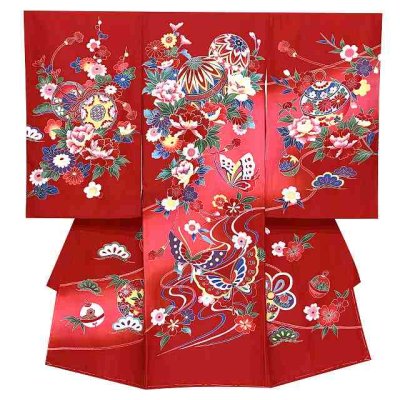 画像2: お宮参り 女の子 着物 正絹 赤ちゃんのお祝い着 初着 産着 襦袢付き【赤、二つ鞠と牡丹】