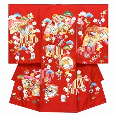 画像2: お宮参り 着物 女の子 正絹 赤ちゃんのお祝い着 日本製 金駒刺繍 産着 初着 襦袢付き【赤、小槌と宝】HGU505