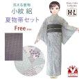 画像1: 夏物 HL(アッシュ・エル) 洗える着物 絽の着物 小紋 フリーサイズ 夏帯 2点セット 【灰緑ｘ灰紫、菊】 (1)