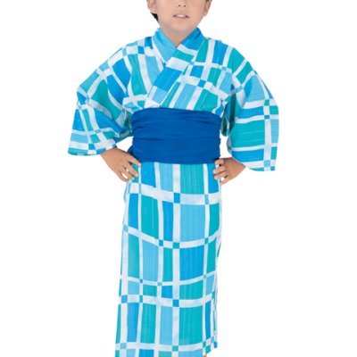 画像2: 子供浴衣セット 男の子 110サイズ  H・L ブランド 子供浴衣 3点セット【青緑系 格子】