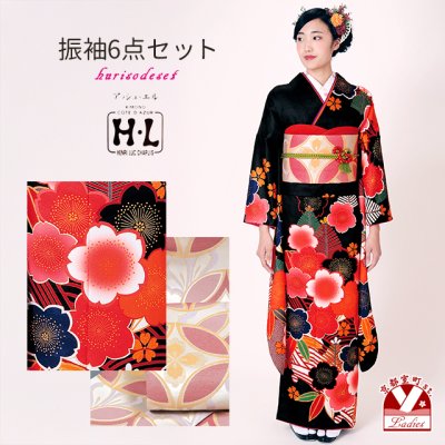 画像1: 振袖 セット 成人式 正月 H・Lブランド 絵羽柄の振袖 袋帯 小物 6点セット【黒系、桜】