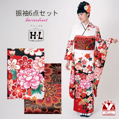 画像1: 振袖 セット 成人式 正月 H・Lブランド 絵羽柄の振袖 袋帯 小物 6点セット【白×黒赤、牡丹】