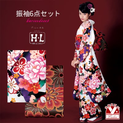 画像1: 振袖 セット 成人式 正月 H・Lブランド 絵羽柄の振袖 袋帯 小物 6点セット【白×黒紫、牡丹】