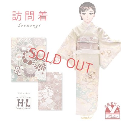 画像1: 訪問着セット H・L(アッシュ・エル) ブランド 訪問着 袋帯 2点セット フリーサイズ【サンドベージュ系、扇に雲】
