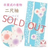 二尺袖着物 単品 ショート丈 洗える着物 卒業式の着物 かわいい小紋柄【水色、桜】