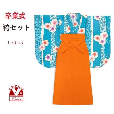 画像1: 袴セット 卒業式 女子用 短尺 古典柄の小振袖(二尺袖の着物)と無地袴のセット【水色、桜】