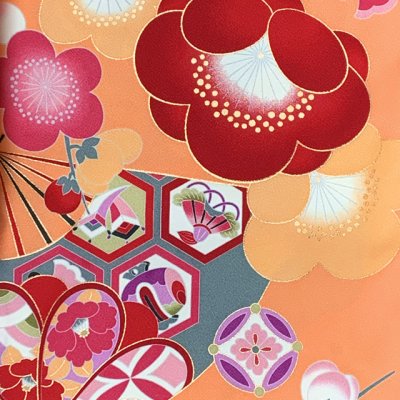 画像4: 袴セット 卒業式 女性用 二尺袖の着物(小振袖 ショート丈)とR・ｋブランドの刺繍袴＆袴下帯の3点セット【シャーベットオレンジ、古典柄】