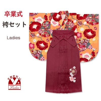 画像1: 袴セット 卒業式 女性用 二尺袖の着物(小振袖 ショート丈)と刺繍袴のセット【シャーベットオレンジ、古典柄】