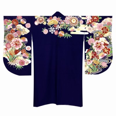 画像2: 卒業式の着物 “FROM KYOTO” 絵羽柄の二尺袖 単品 ショート丈 フリーサイズ【紺系、牡丹と菊・菖蒲】