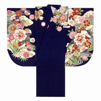 画像3: 卒業式の着物 “FROM KYOTO” 絵羽柄の二尺袖 単品 ショート丈 フリーサイズ【紺系、牡丹と菊・菖蒲】