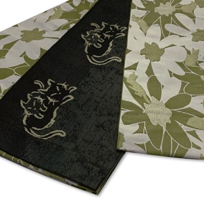 画像2: 半幅帯 着物や浴衣に 半巾帯(細帯) 小袋帯 合繊 約400cm【抹茶ｘ黒系、デイジーと猫】