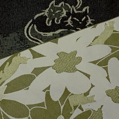 画像3: 半幅帯 着物や浴衣に 半巾帯(細帯) 小袋帯 合繊 約400cm【抹茶ｘ黒系、デイジーと猫】
